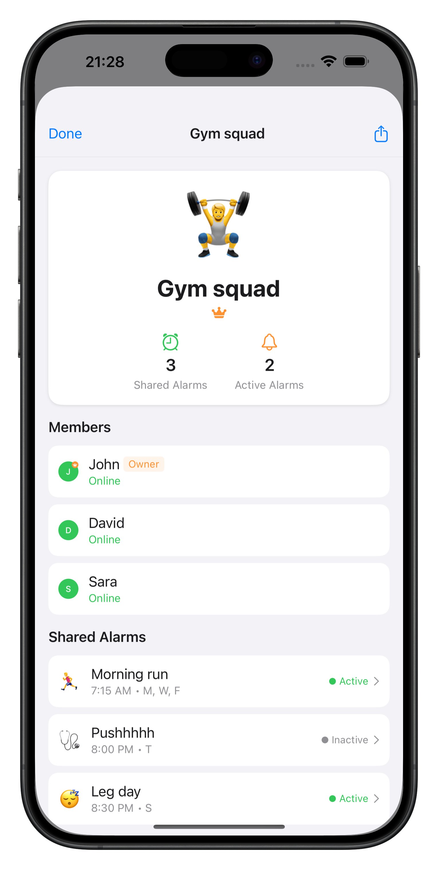Chime app preview showing alarm coordination interface